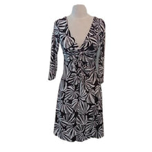 Load image into Gallery viewer, London Times Chocolate Brown +White Palm Pattern Dress Deep Plunge, Size 6
