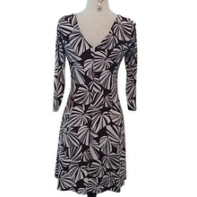 Load image into Gallery viewer, London Times Chocolate Brown +White Palm Pattern Dress Deep Plunge, Size 6
