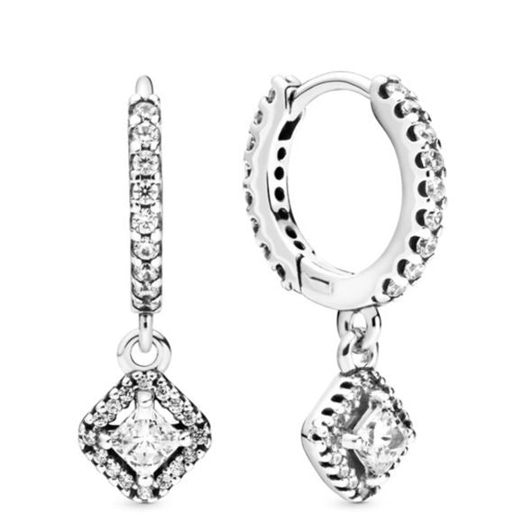 Pandora Sterling Silver Square Sparkle Hoop Earrings w/ CZ- 298503C01