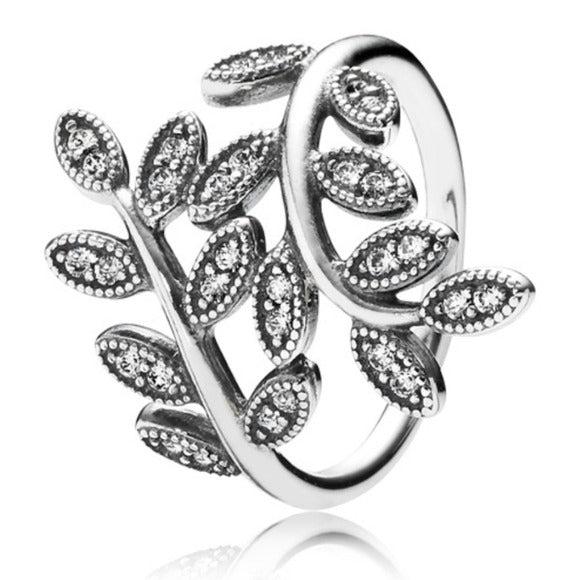 Pandora Sterling Silver Sparkling Leaves Statement Ring w/ CZ 190921CZS Size 8.5