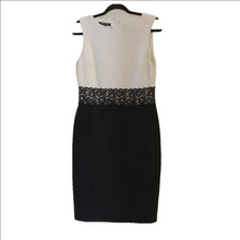 Load image into Gallery viewer, London Style Nights Lacy Mid Color Block Dress, Ivory + Black, Size 10
