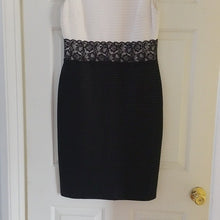 Load image into Gallery viewer, London Style Nights Lacy Mid Color Block Dress, Ivory + Black, Size 10
