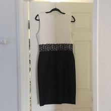 Load image into Gallery viewer, London Style Nights Lacy Mid Color Block Dress, Ivory + Black, Size 10
