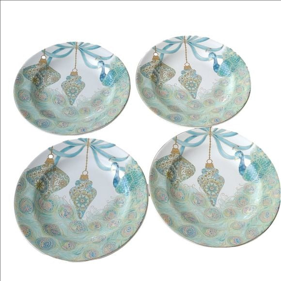 222 Fifth Lakshmi Holiday Peacock Appetizer Plates, Set of 4