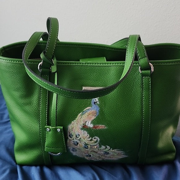 Dana Buchman Green Bella Tote with OOAK Peacock Bird Artwork