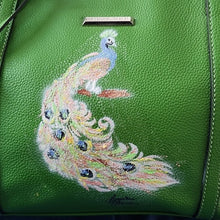 Load image into Gallery viewer, Dana Buchman Green Bella Tote with OOAK Peacock Bird Artwork
