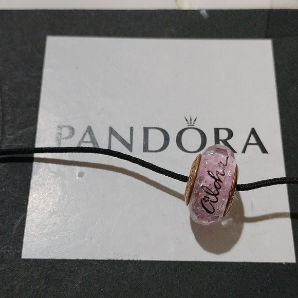 Pandora Rose Pink Shimmering Murano ALOHA engraved Glass Charm - 781650