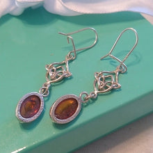 Load image into Gallery viewer, Sterling Silver + Amber Celtic Knot Dangle Earrings, Artisan Made
