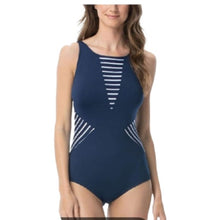 Load image into Gallery viewer, High Neck One-Piece Swimsuit w/ Print Inset.  On Your Mark Mix Navy, size 16
