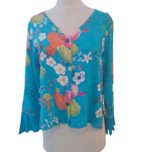 Load image into Gallery viewer, Tropical Mix Resortwear Embellished Blouse, Turquoise/Multi, Size Medium
