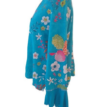 Load image into Gallery viewer, Tropical Mix Resortwear Embellished Blouse, Turquoise/Multi, Size Medium
