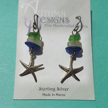 Load image into Gallery viewer, Handcrafted Sterling Silver Starfish Earrings w/ Green, Seafoam &amp; Blue Sea Glass
