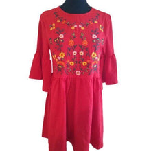 Load image into Gallery viewer, Women's Red Embroidered Babydoll Dress with bell sleeves, size Small
