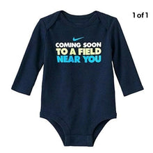 Load image into Gallery viewer, Nike Baby "Coming to A Field Near You" One piece in Obsidian Blue, 0-3m
