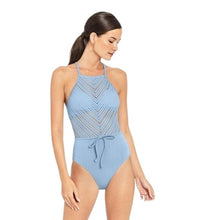 Load image into Gallery viewer, Robin Piccone Perla High Neck Crochet Mix Swimsuit, Pacific Blue, 2
