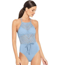 Load image into Gallery viewer, Robin Piccone Perla High Neck Crochet Mix Swimsuit, Pacific Blue, 2
