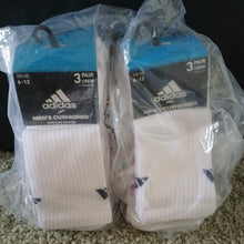 Load image into Gallery viewer, Adidas Men&#39;s Cushioned Crew 3 Stripe Socks - White W/ Black, Red, Blue- 6 Pairs
