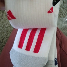 Load image into Gallery viewer, Adidas Men&#39;s Cushioned Crew 3 Stripe Socks - White W/ Black, Red, Blue- 6 Pairs
