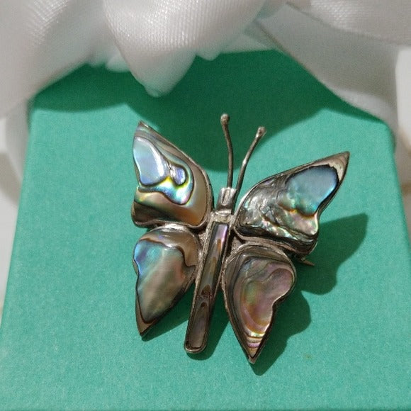 Hecho En Mexico AM 109 Sterling Silver Butterfly Moth Brooch with Abalone