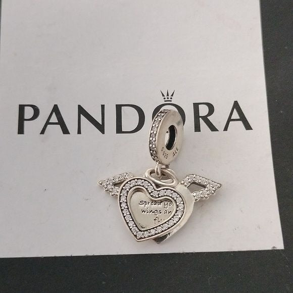 Pandora Sterling Silver Heart + Angel Wings Dangle w/ Clear Zirconia -798485C01