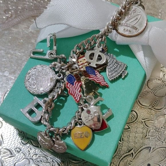 Loaded 1970s Beta Sigma Phi International Sorority Charm Bracelet