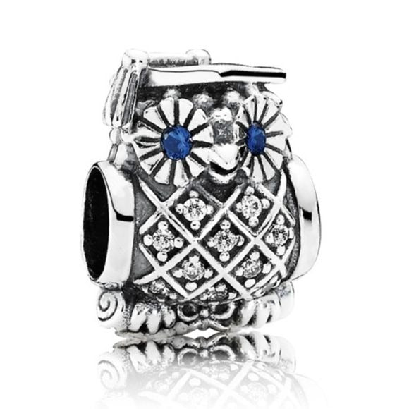 Pandora  Sterling Silver Graduate Owl  Charm w/ Blue Crystal Eyes - 79150nsb