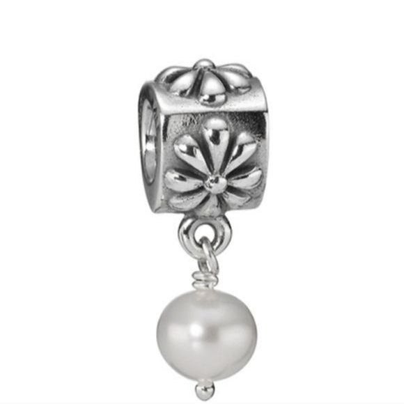 Pandora Retired Sterling Silver Flower Dangle with White Pearl - 790535P