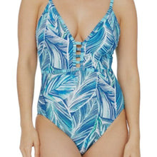 Load image into Gallery viewer, LA Blanca Women's Blue Printed Sketched Lace Up One Piece Swimsuit, Size 10
