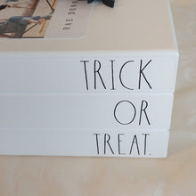Load image into Gallery viewer, Rae Dunn HALLOWEEN Decor TRICK OR TREAT Wooden Book Stack
