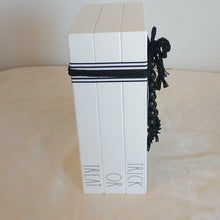 Load image into Gallery viewer, Rae Dunn HALLOWEEN Decor TRICK OR TREAT Wooden Book Stack
