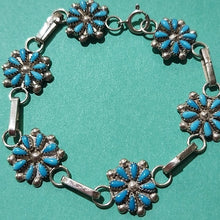 Load image into Gallery viewer, Zuni Silver Petit Point Floral Sleeping Beauty Turquoise Clusters Bracelet 7&quot;
