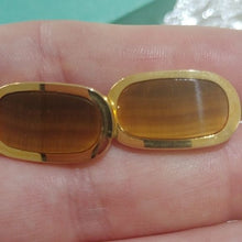 Load image into Gallery viewer, Vintage Sun Eagle Goldtone Men's Oval Cats Eye Brown Stone Cuff Links
