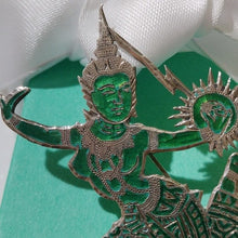 Load image into Gallery viewer, Vintage Siam Sterling Silver Niello Green Enamel Brooch Thai Mekkala Goddess
