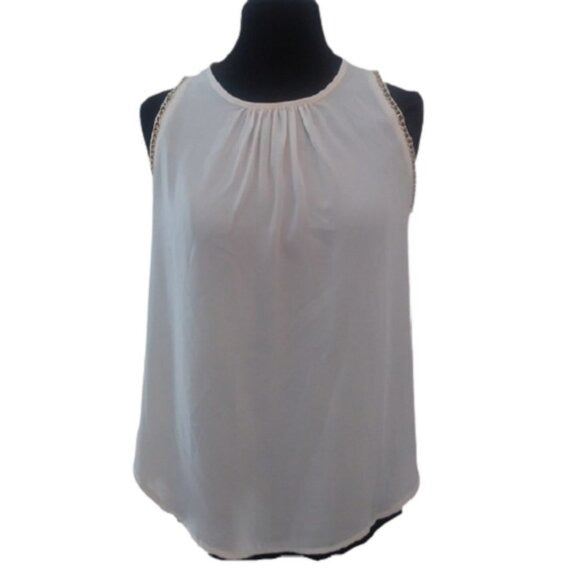 Jella Couture Career Sleeveless Top w/ Gold chain sleeve accents, Ivory, Small