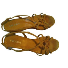 Load image into Gallery viewer, Prada Women's Golden Yellow Suede Cork Wedge Heels, 38 or size 7.5
