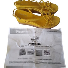 Load image into Gallery viewer, Prada Women's Golden Yellow Suede Cork Wedge Heels, 38 or size 7.5
