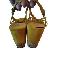 Load image into Gallery viewer, Prada Women's Golden Yellow Suede Cork Wedge Heels, 38 or size 7.5

