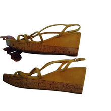 Load image into Gallery viewer, Prada Women's Golden Yellow Suede Cork Wedge Heels, 38 or size 7.5
