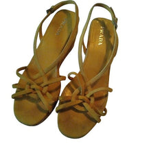 Load image into Gallery viewer, Prada Women's Golden Yellow Suede Cork Wedge Heels, 38 or size 7.5
