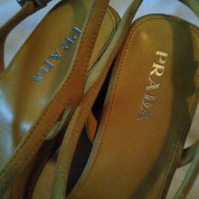 Load image into Gallery viewer, Prada Women's Golden Yellow Suede Cork Wedge Heels, 38 or size 7.5
