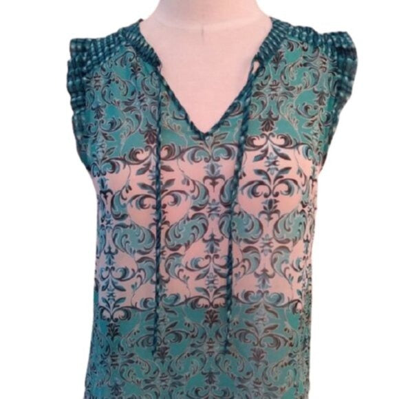 Elle Ruffled Cap Sleeve Top Shirt Blouse, Teal Blues, Size XS