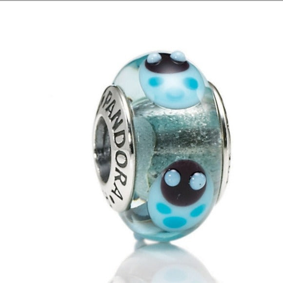 Pandora Retired Sterling Silver Murano Glass Blue Ladybugs Bead - 790654