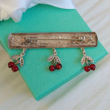 Load image into Gallery viewer, Art Deco Art Nouveau Sterling Silver 925 Red Cherries Scroll Bar Pin Brooch
