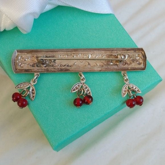 Art Deco Art Nouveau Sterling Silver 925 Red Cherries Scroll Bar Pin Brooch