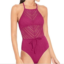 Load image into Gallery viewer, Robin Piccone Perla High Neck Crochet Mix Swimsuit, Orchid, 6
