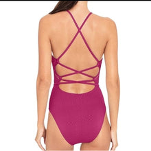Load image into Gallery viewer, Robin Piccone Perla High Neck Crochet Mix Swimsuit, Orchid, 6

