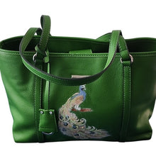 Load image into Gallery viewer, Dana Buchman Green Bella Tote with OOAK Peacock Bird Artwork
