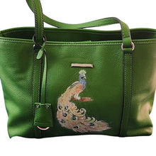 Load image into Gallery viewer, Dana Buchman Green Bella Tote with OOAK Peacock Bird Artwork
