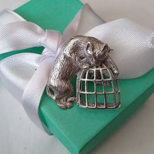 Load image into Gallery viewer, Vintage Signed Jezlaine 925 Cat &amp; Caged Bird Sterling Silver Brooch
