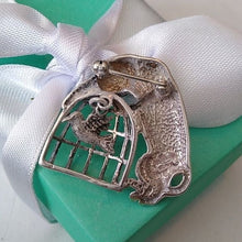 Load image into Gallery viewer, Vintage Signed Jezlaine 925 Cat &amp; Caged Bird Sterling Silver Brooch
